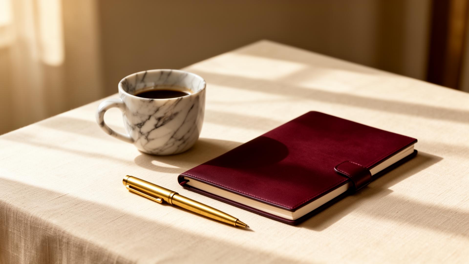 A marble cup, leather notebook and brass pen on warm linen — quiet, considered craft.